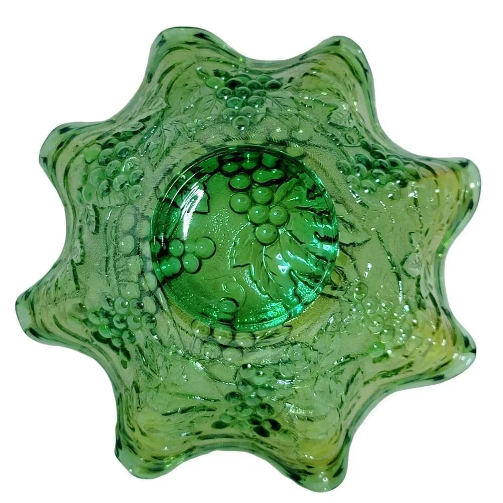Vintage Imperial Carnival Glass Green‎ Ruffled Bowl Grapes Uranium?